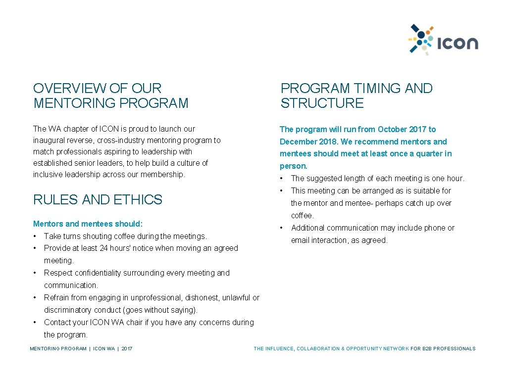 OVERVIEW OF OUR MENTORING PROGRAM TIMING AND STRUCTURE The WA chapter of ICON is