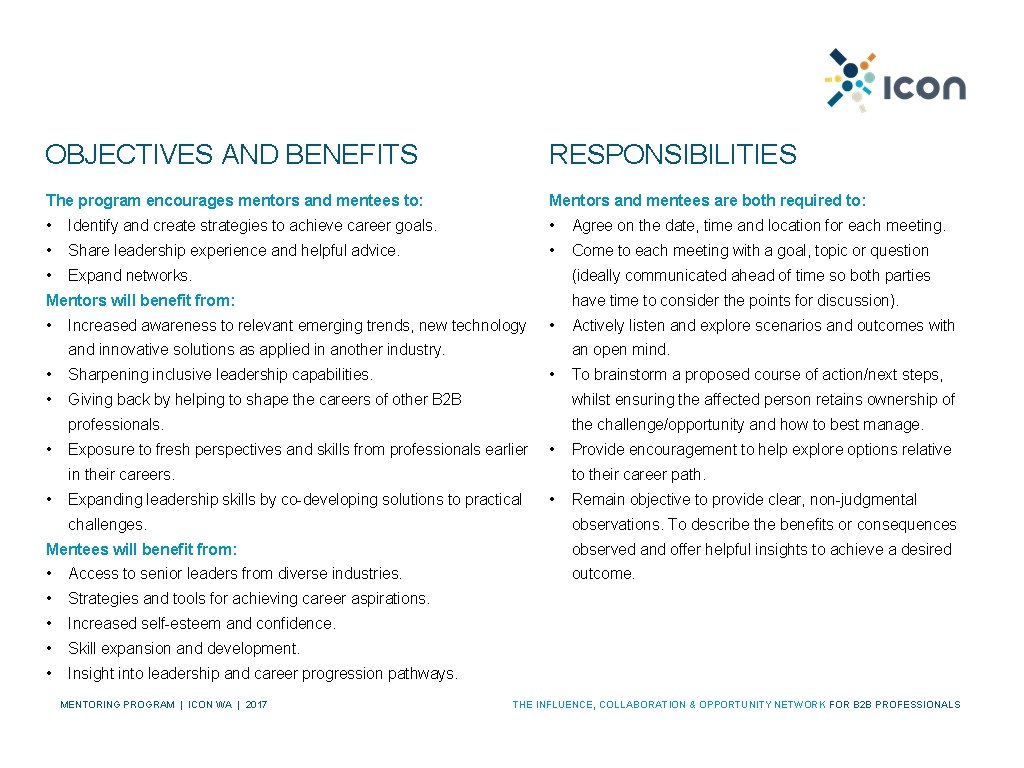 OBJECTIVES AND BENEFITS RESPONSIBILITIES The program encourages mentors and mentees to: Mentors and mentees