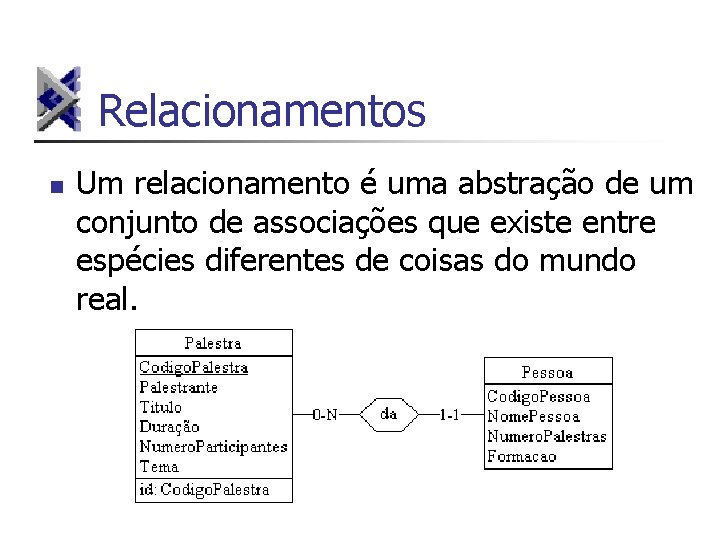 Relacionamentos n Um relacionamento é uma abstração de um conjunto de associações que existe