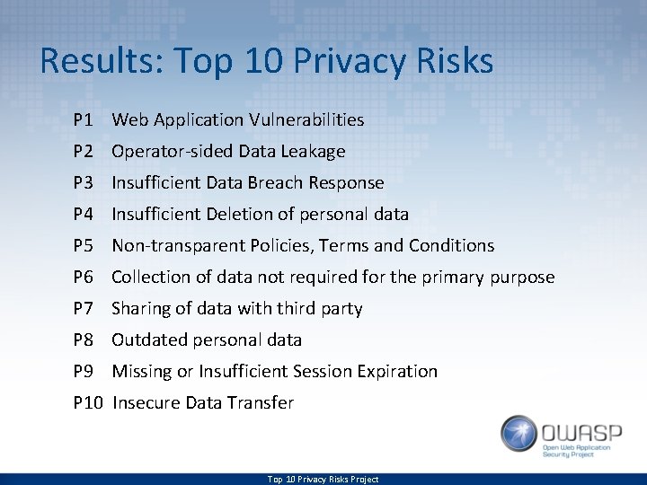 Results: Top 10 Privacy Risks P 1 Web Application Vulnerabilities P 2 Operator-sided Data