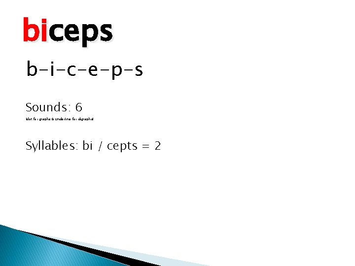 biceps b-i-c-e-p-s Sounds: 6 (dot for graphs & underline for digraphs) Syllables: bi /