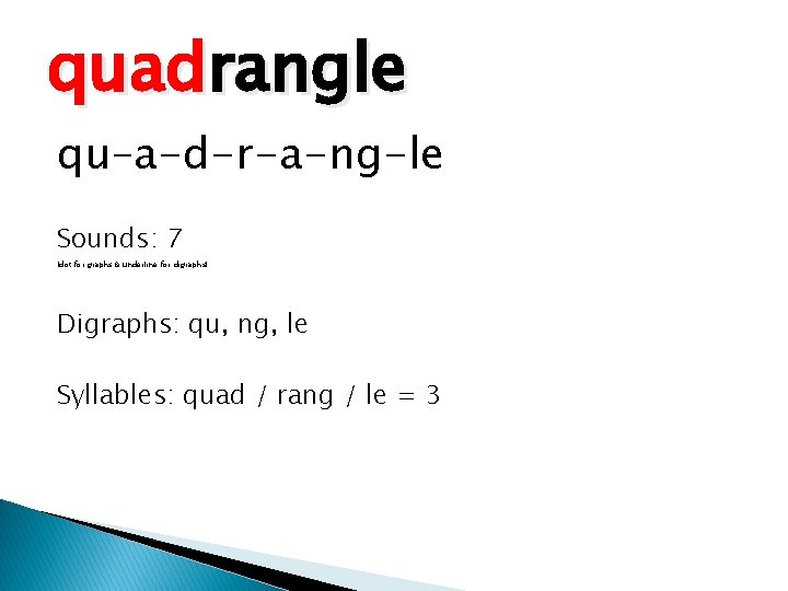quadrangle qu–a-d-r-a-ng-le Sounds: 7 (dot for graphs & underline for digraphs) Digraphs: qu, ng,