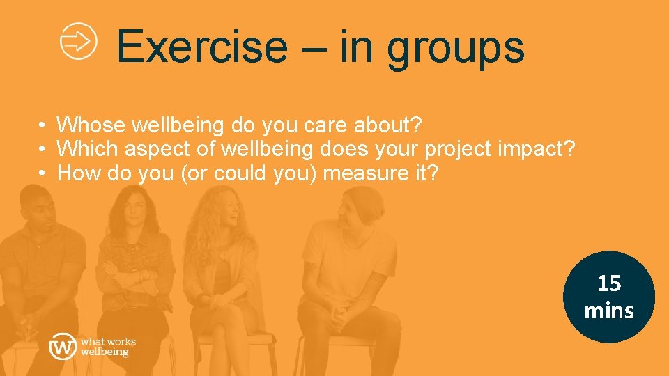 Exercise – in groups • Whose wellbeing do you care about? • Which aspect