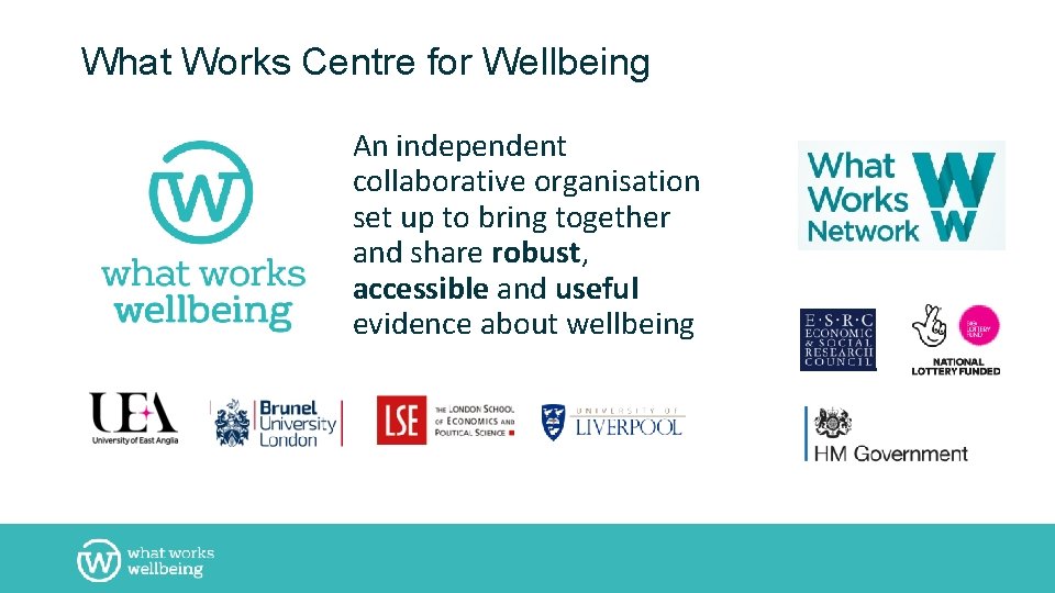 What Works Centre for Wellbeing An independent collaborative organisation set up to bring together