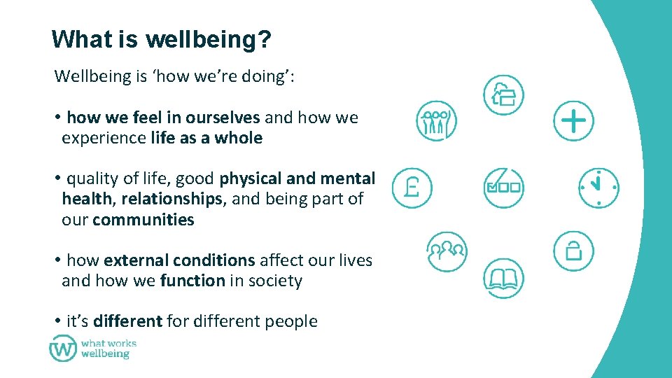 What is wellbeing? Wellbeing is ‘how we’re doing’: • how we feel in ourselves