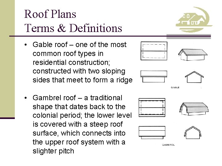 Roof Plans Terms & Definitions • Gable roof – one of the most common