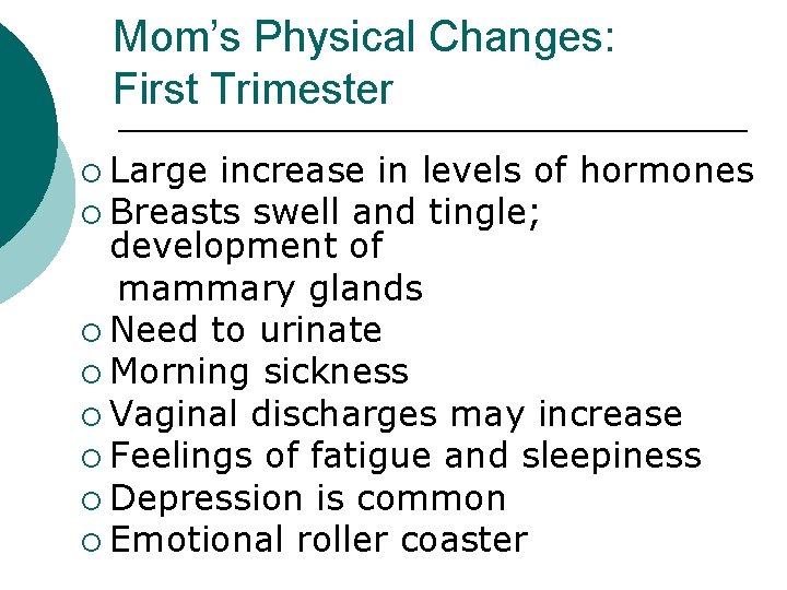 Mom’s Physical Changes: First Trimester ¡ Large increase in levels of hormones ¡ Breasts