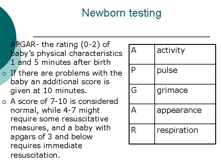 Newborn testing ¡ ¡ ¡ APGAR- the rating (0 -2) of baby’s physical characteristics
