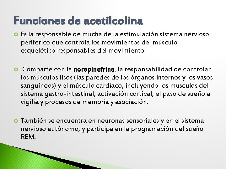 Funciones de acetilcolina Es la responsable de mucha de la estimulación sistema nervioso periférico