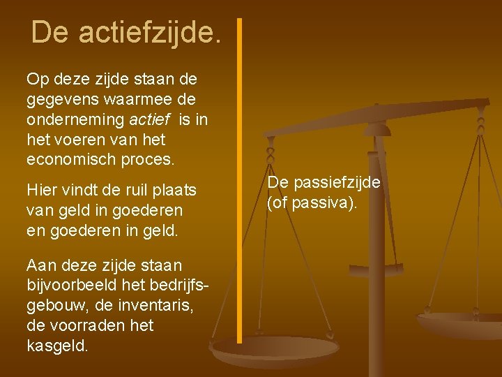De actiefzijde. Op deze zijde staan de gegevens waarmee de onderneming actief is in