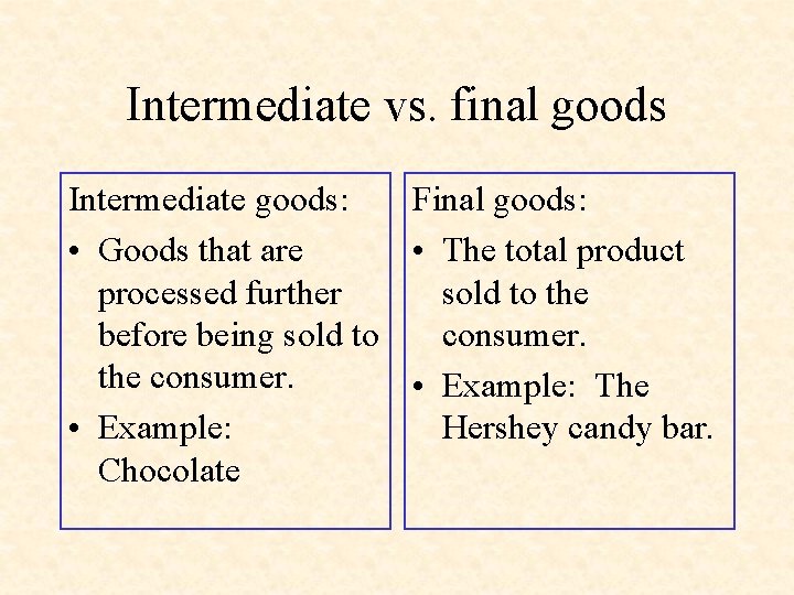 Intermediate vs. final goods Intermediate goods: Final goods: • Goods that are • The