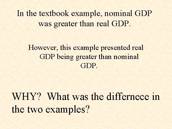 In the textbook example, nominal GDP was greater than real GDP. However, this example