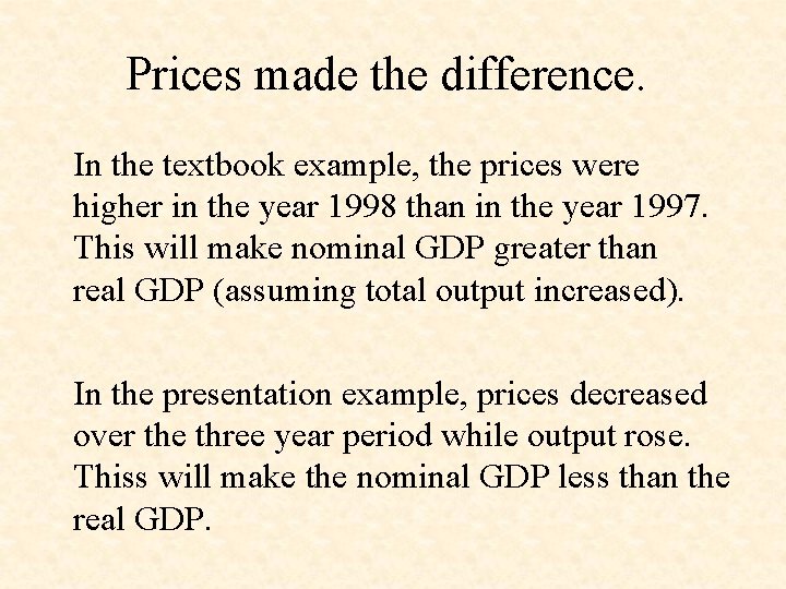 Prices made the difference. In the textbook example, the prices were higher in the
