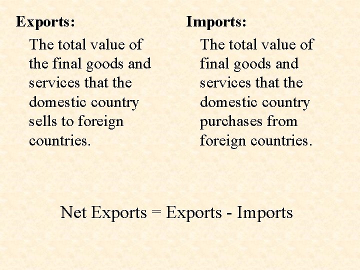 Exports: The total value of the final goods and services that the domestic country
