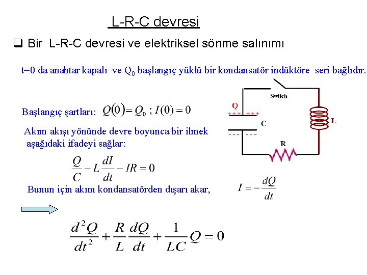 L-R-C devresi q Bir L-R-C devresi ve elektriksel sönme salınımı t=0 da anahtar kapalı