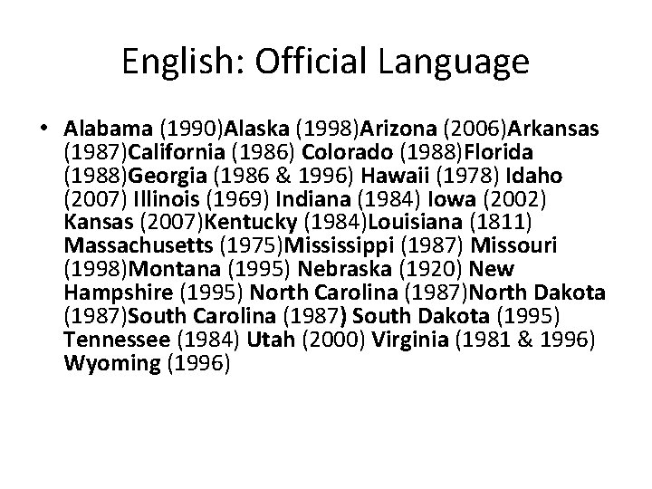 English: Official Language • Alabama (1990)Alaska (1998)Arizona (2006)Arkansas (1987)California (1986) Colorado (1988)Florida (1988)Georgia (1986