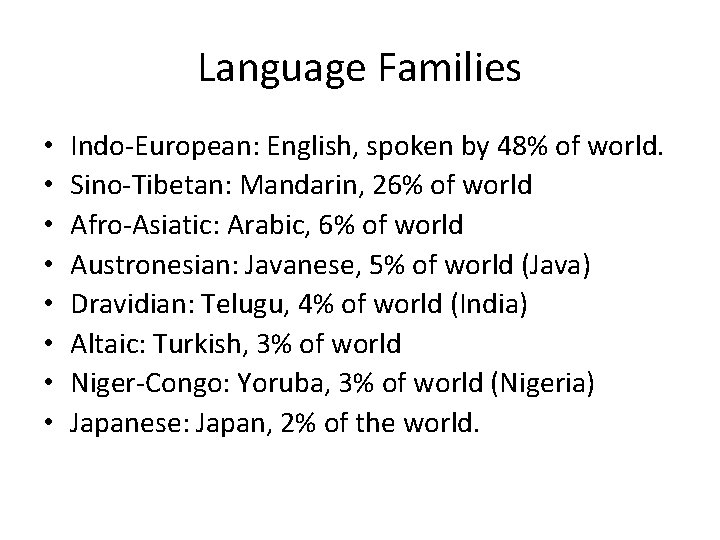 Language Families • • Indo-European: English, spoken by 48% of world. Sino-Tibetan: Mandarin, 26%