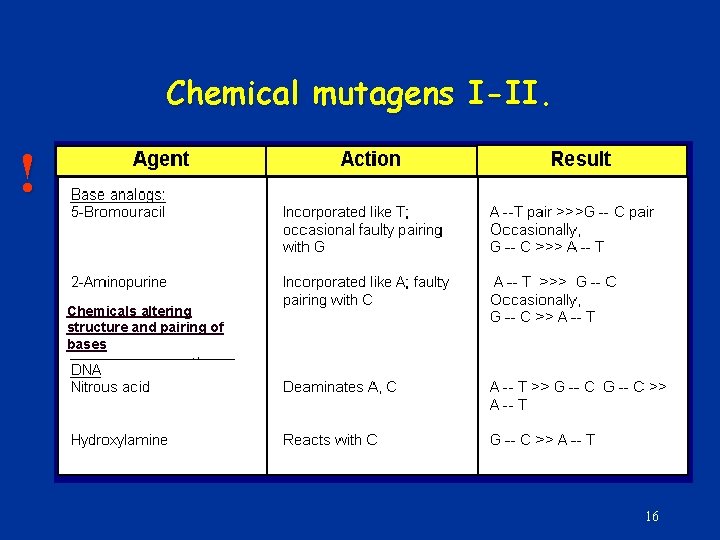 Chemical mutagens I-II. ! Chemicals altering structure and pairing of bases 16 