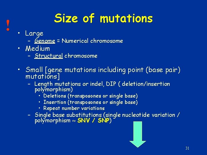 ! Size of mutations • Large – Genome = Numerical chromosome • Medium –