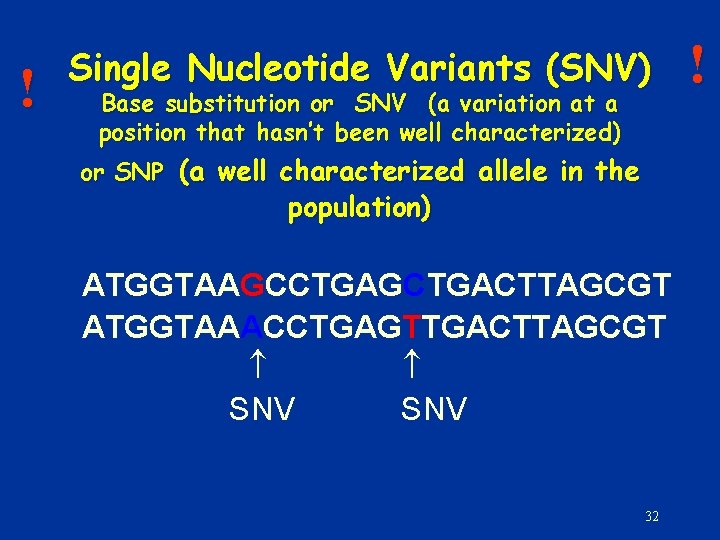 ! Single Nucleotide Variants (SNV) Base substitution or SNV (a variation at a position