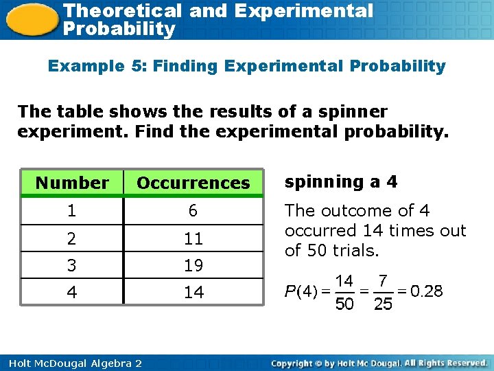 Theoretical and Experimental Probability Example 5: Finding Experimental Probability The table shows the results