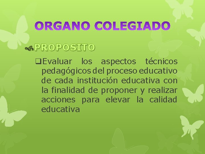  PROPOSITO q. Evaluar los aspectos técnicos pedagógicos del proceso educativo de cada institución