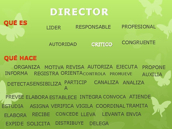 DIRECTOR LIDER RESPONSABLE AUTORIDAD CRITICO PROFESIONAL CONGRUENTE ORGANIZA MOTIVA REVISA AUTORIZA EJECUTA INFORMA REGISTRA