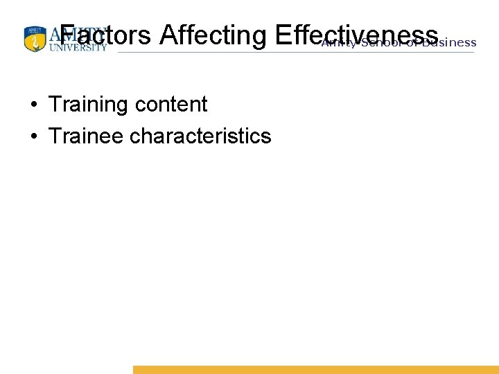 Factors Affecting Effectiveness Amity School of Business • Training content • Trainee characteristics 