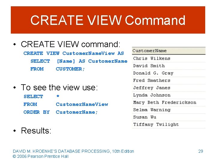 CREATE VIEW Command • CREATE VIEW command: CREATE VIEW Customer. Name. View AS SELECT