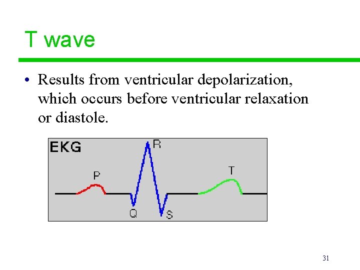 T wave • Results from ventricular depolarization, which occurs before ventricular relaxation or diastole.
