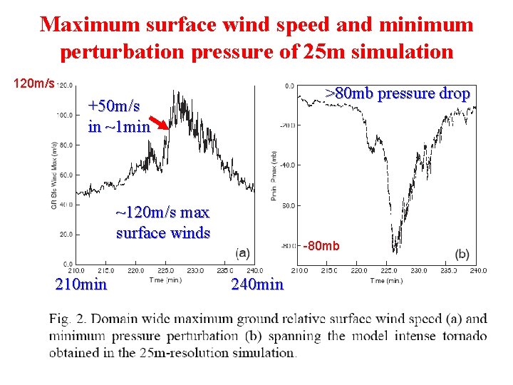 Maximum surface wind speed and minimum perturbation pressure of 25 m simulation 120 m/s