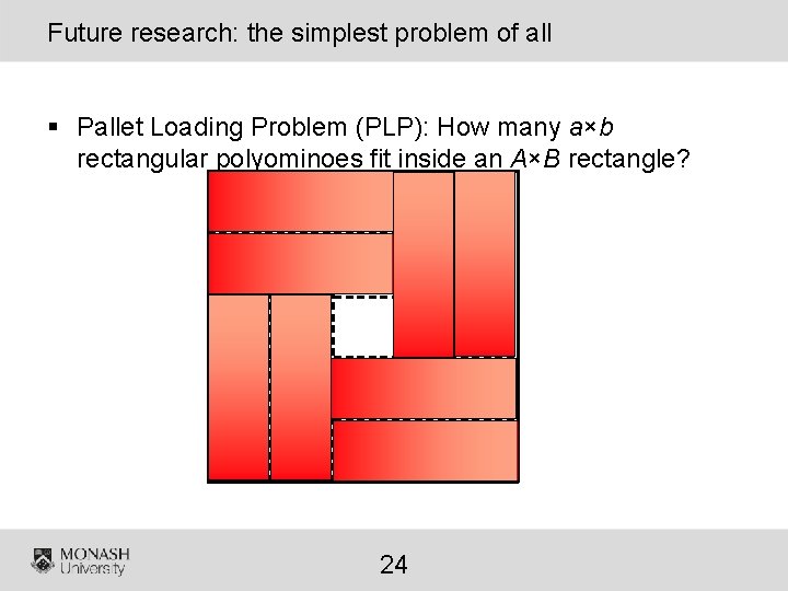 Future research: the simplest problem of all § Pallet Loading Problem (PLP): How many