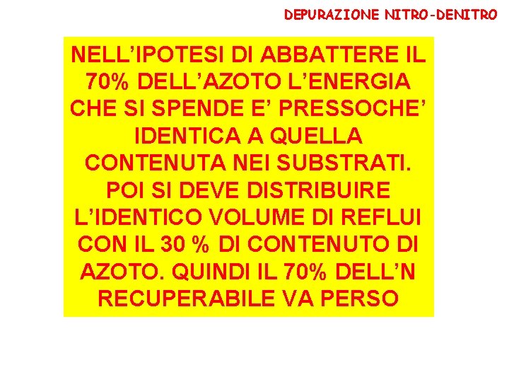 DEPURAZIONE NITRO-DENITRO NELL’IPOTESI DI ABBATTERE IL 70% DELL’AZOTO L’ENERGIA CHE SI SPENDE E’ PRESSOCHE’