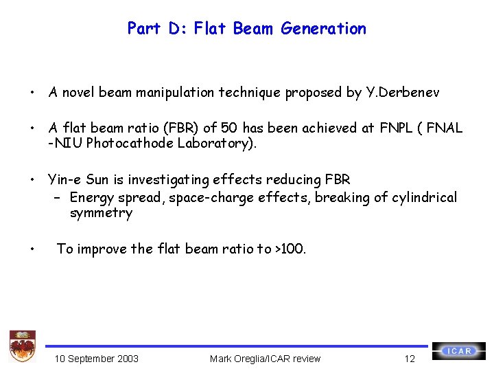 Part D: Flat Beam Generation • A novel beam manipulation technique proposed by Y.