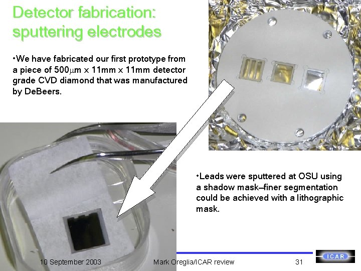 Detector fabrication: sputtering electrodes • We have fabricated our first prototype from a piece