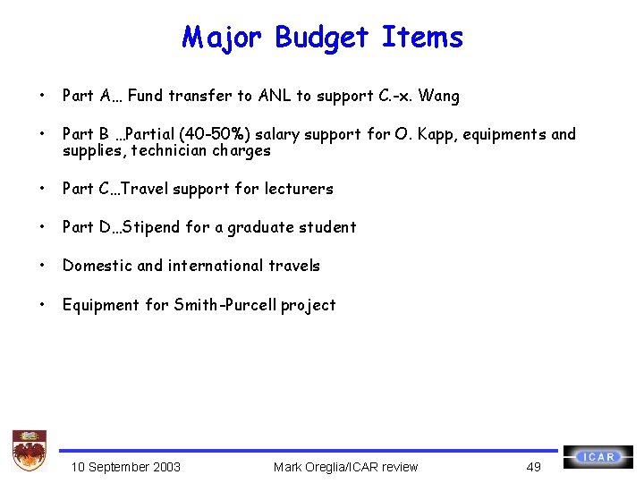 Major Budget Items • Part A… Fund transfer to ANL to support C. -x.