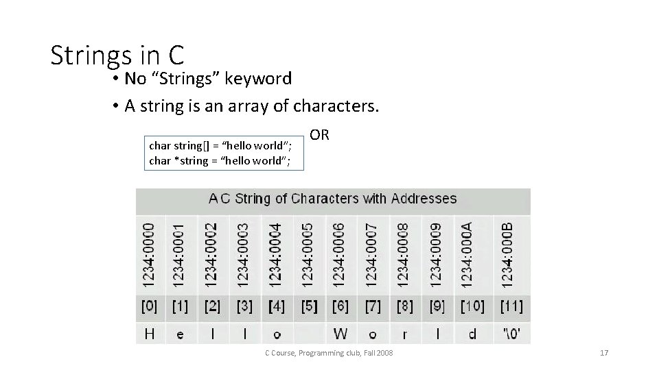 Strings in C • No “Strings” keyword • A string is an array of