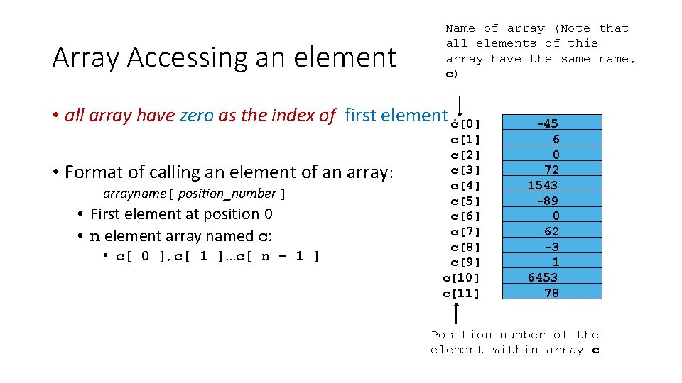 Array Accessing an element Name of array (Note that all elements of this array