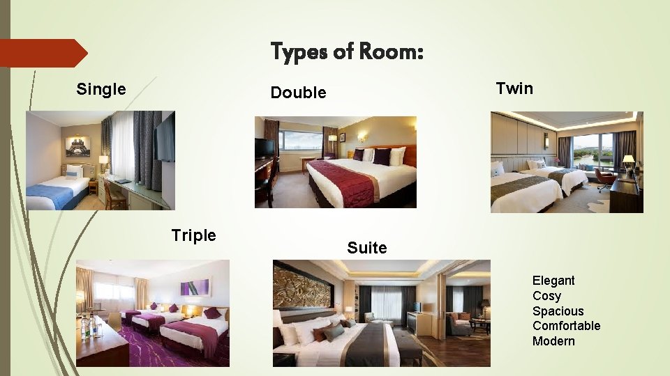 Types of Room: Single Twin Double Triple Suite Elegant Cosy Spacious Comfortable Modern 