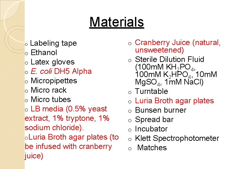 Materials o Labeling tape o Ethanol o Latex gloves coli DH 5 Alpha o