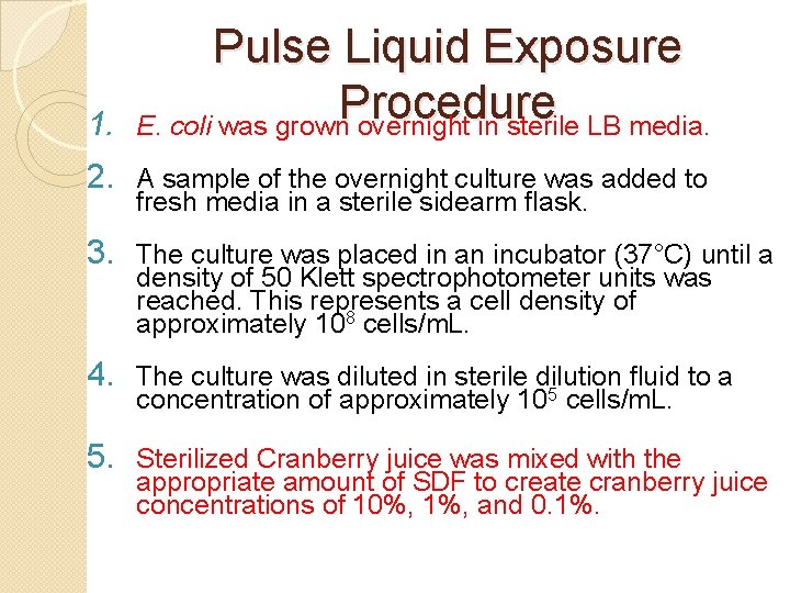 1. Pulse Liquid Exposure Procedure E. coli was grown overnight in sterile LB media.