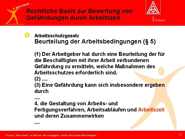 Rechtliche Basis zur Bewertung von Gefährdungen durch Arbeitszeit Vorstand Arbeitsschutzgesetz Beurteilung der Arbeitsbedingungen (§