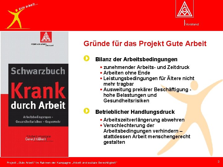 Vorstand Gründe für das Projekt Gute Arbeit Bilanz der Arbeitsbedingungen § zunehmender Arbeits- und