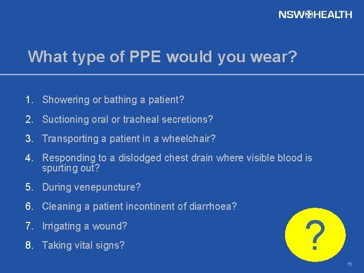 What type of PPE would you wear? 1. Showering or bathing a patient? 2.