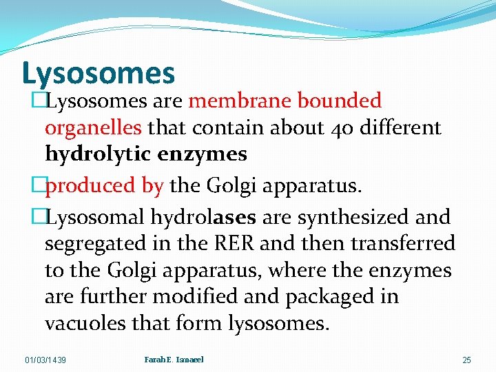 Lysosomes �Lysosomes are membrane bounded organelles that contain about 40 different hydrolytic enzymes �produced