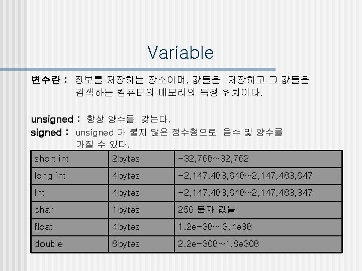 Variable 변수란 : 정보를 저장하는 장소이며, 값들을 저장하고 그 값들을 검색하는 컴퓨터의 메모리의 특정