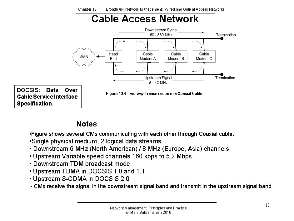 Chapter 13 Broadband Network Management: Wired and Optical Access Networks Cable Access Network DOCSIS: