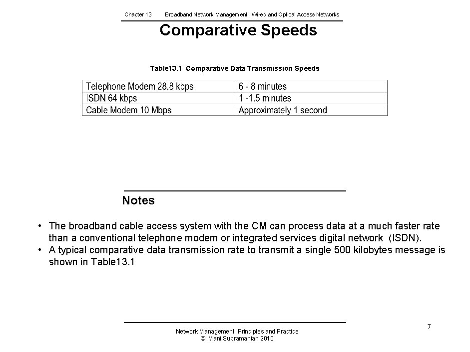 Chapter 13 Broadband Network Management: Wired and Optical Access Networks Comparative Speeds Table 13.