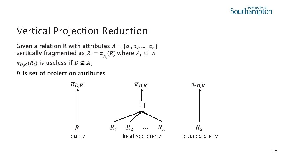 Vertical Projection Reduction • � query . . . localised query reduced query 38