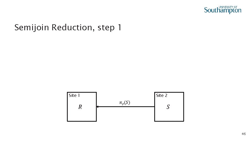  • Semijoin Reduction, step 1 Site 1 Site 2 46 